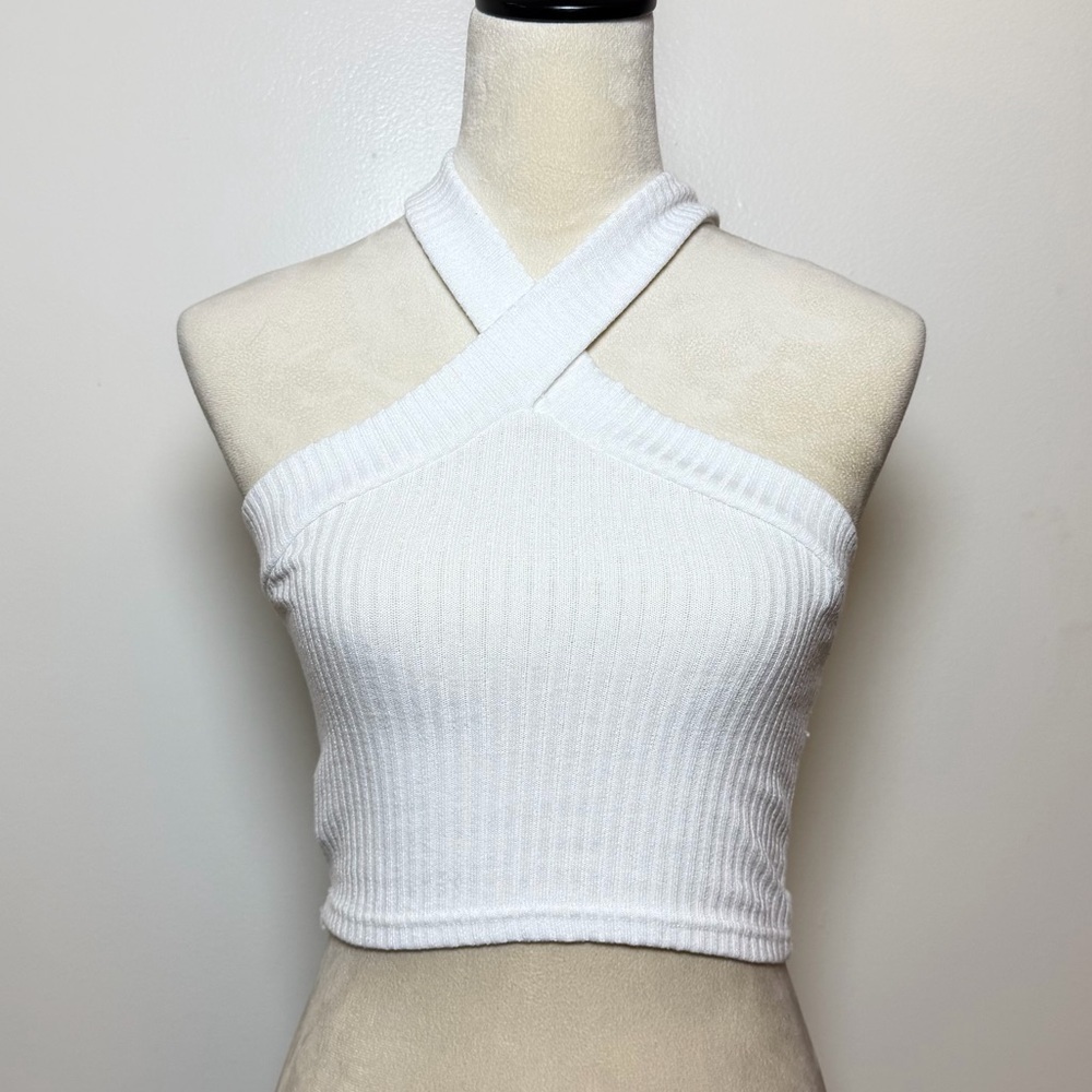 Women's SHEIN White Ribbed Criss Cross Halter Crop Top Size Small Y2K Minimalist